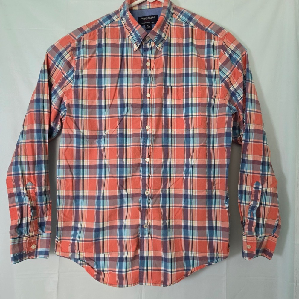 American Eagle Outfitters Mens Large Athletic Fit Plaid Button Down Shirt Orange